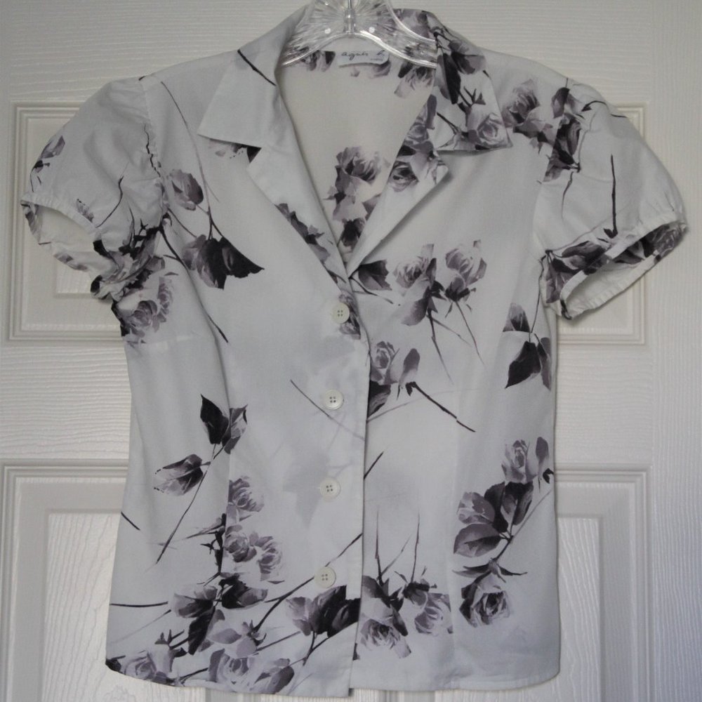Agnès b. Paris White Cotton Poplin Shirt with Grey Roses Print